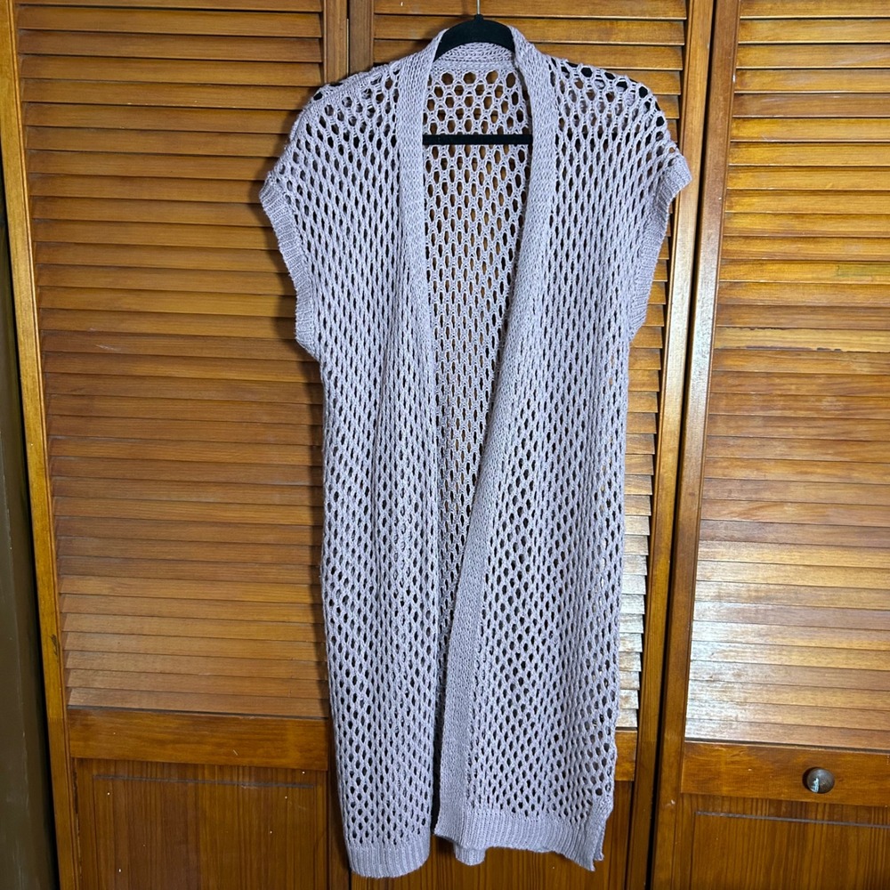 Boho Lavender Purple Open Knit Crochet Longline Vest Sleeveless Cardigan